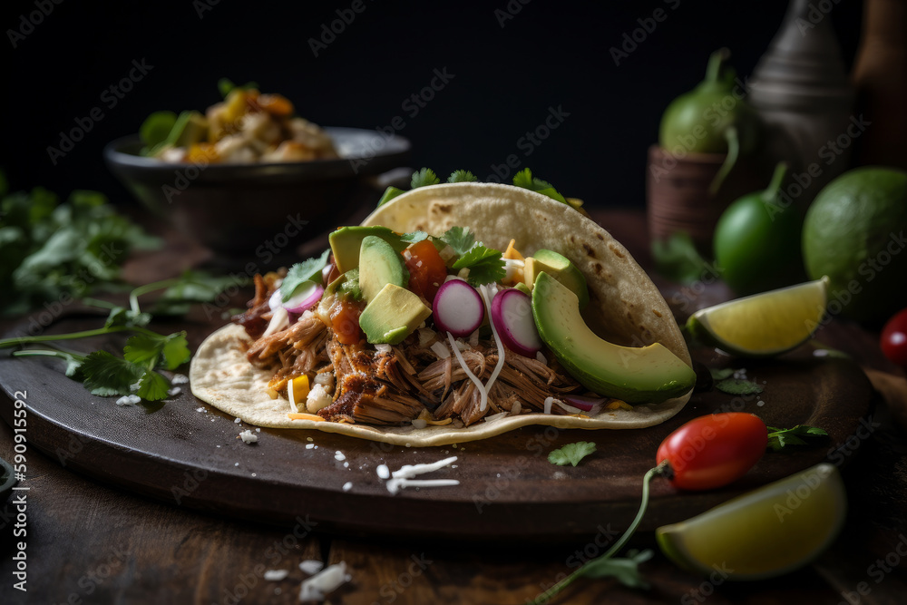 Mexican american pork carnitas taco. Illustration AI Generative.