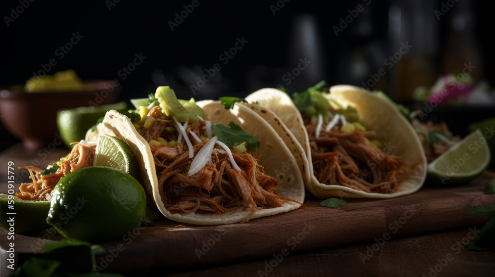 Mexican american pork carnitas taco. Illustration AI Generative.