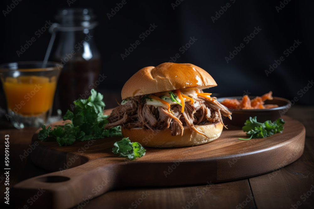 American barbecued pulled pork sandwich Illustration AI Generative