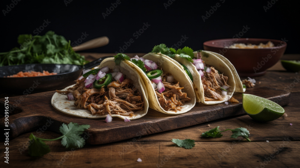 Mexican american pork carnitas taco. Illustration AI Generative.