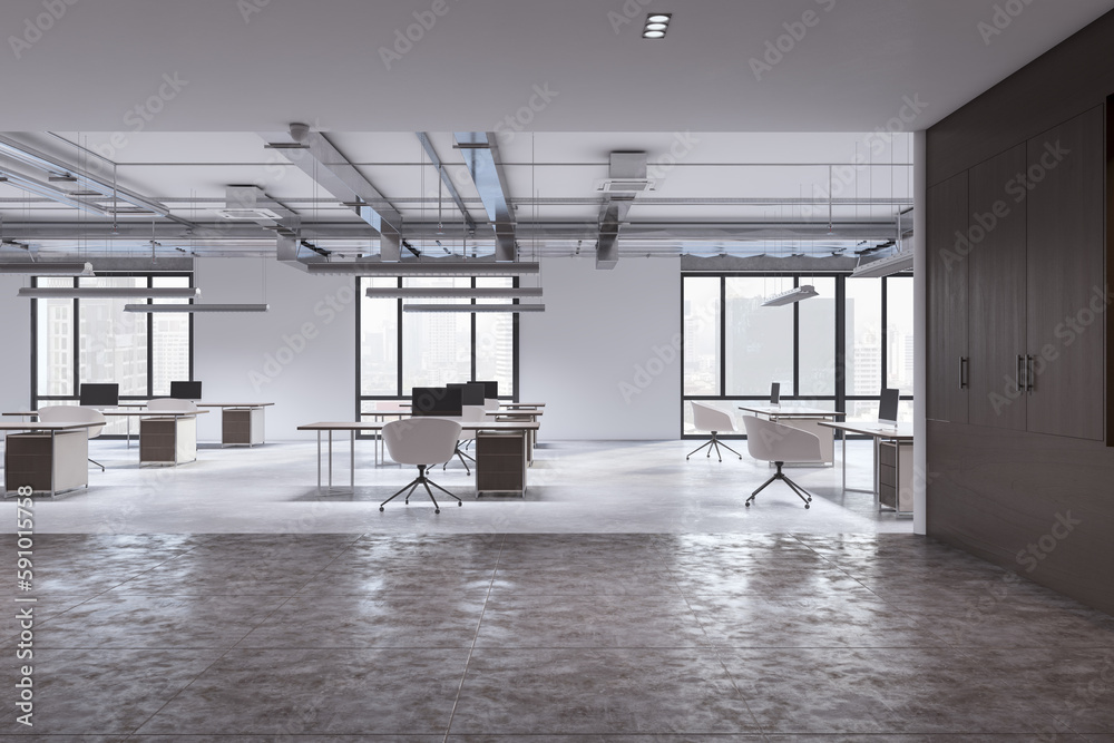 Contemporary coworking office interior with window and city view, furniture, equipment and decorativ