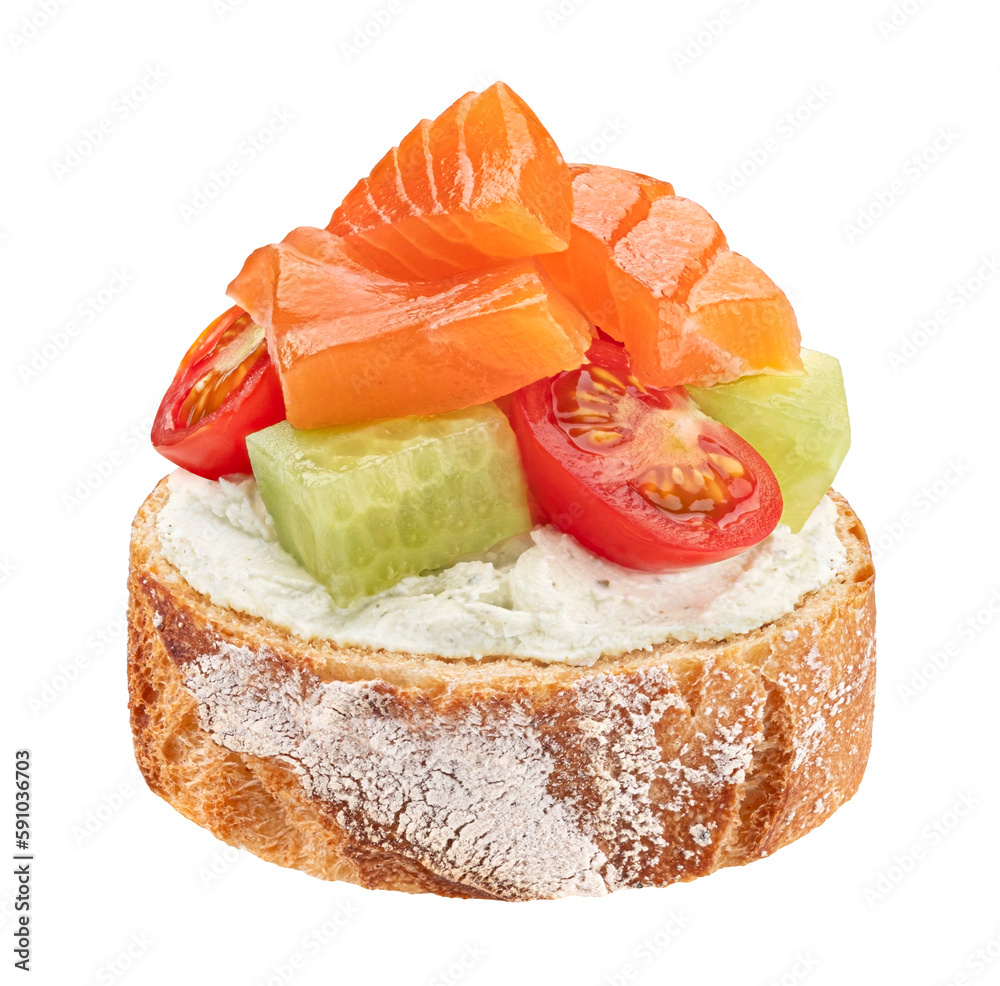 Bruschetta with salmon isolated on white background