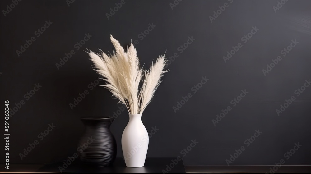 Vase with decorative plant branch against black wall background. Minimalist interior mockup. Generat