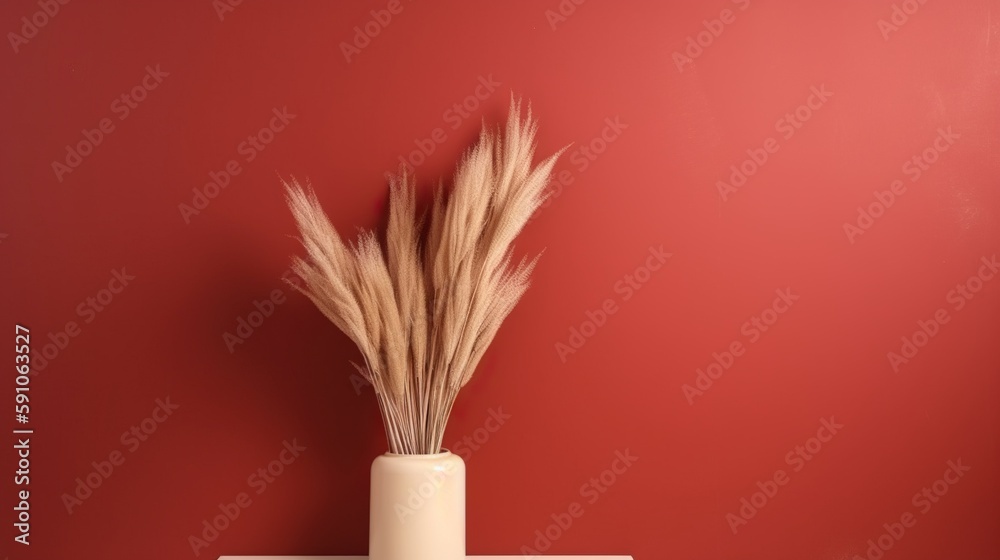 Vase with decorative plant branch against red wall background. Minimalist interior mockup. Generativ