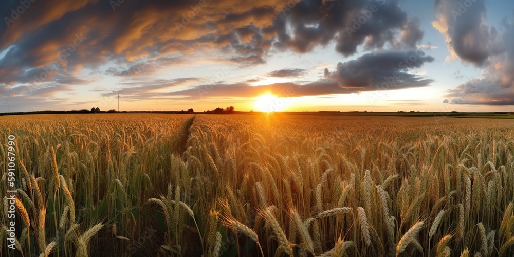 Panoramic view on field of golden ripe wheat on sunset. Generative AI