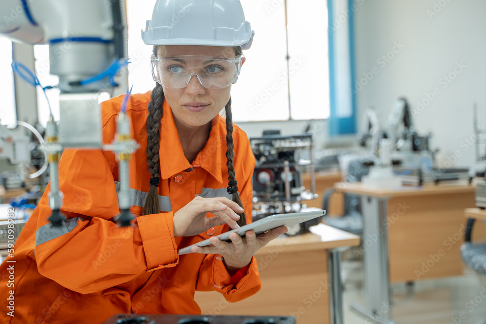 Engineer using laptop for programming modern robot arm in automated manufacturing industry,Modern Eq