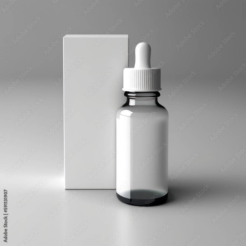 empty dropper bottle on a white background with a box, mockup