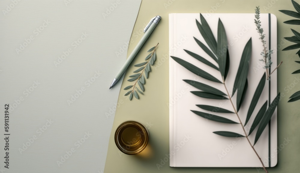 Flat Lay work scene consisting of pen, notebook and olive tree leaf