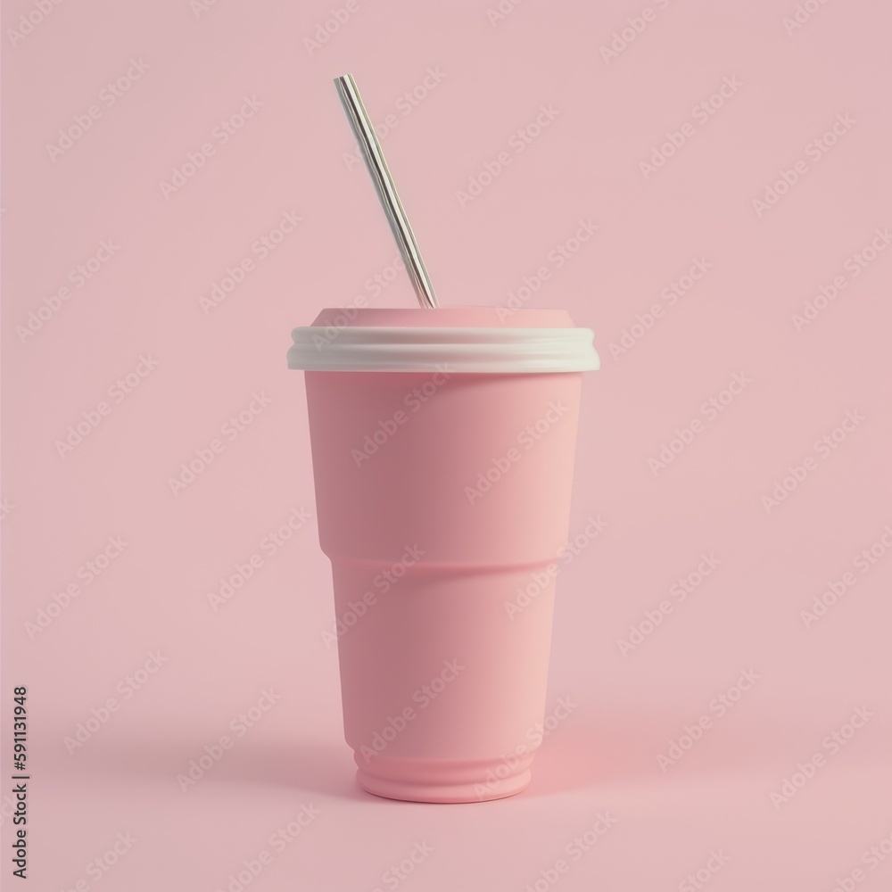 Pink cup for drinking with a straw, on an empty plain background, mockup