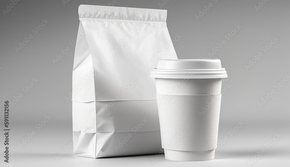 White paper coffee cup with white food packaging, on a white blank background, mockup