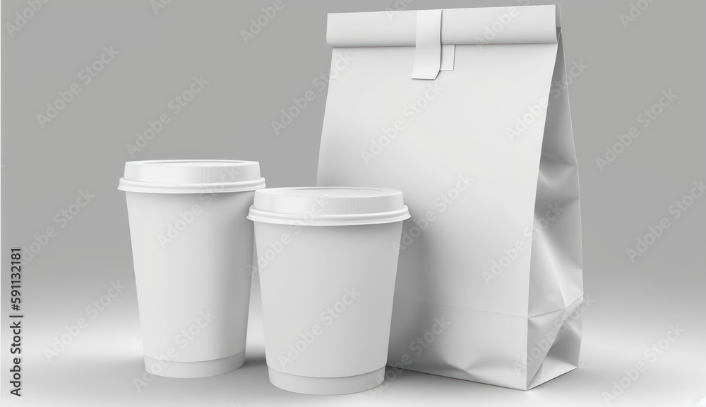 White paper coffee cup with white food packaging, on a white blank background, mockup