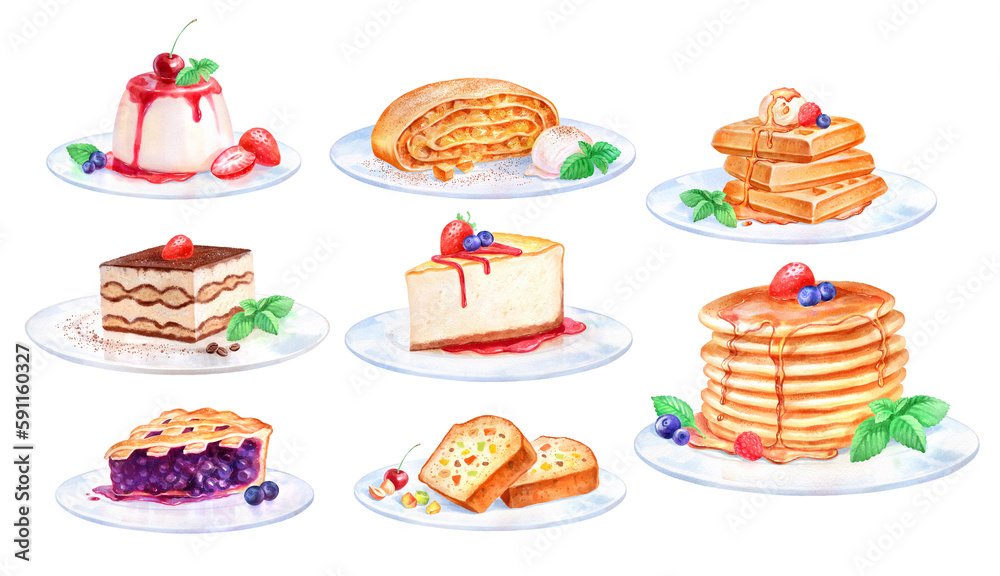 Hand painted watercolor illustration set of Desserts on plate