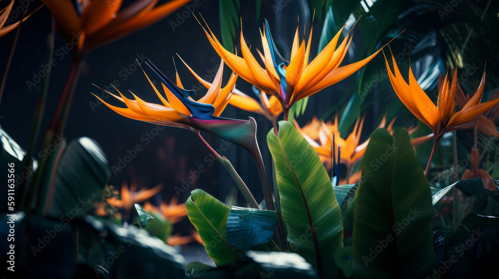 Bird of paradise flower in the forest. Ai generated.