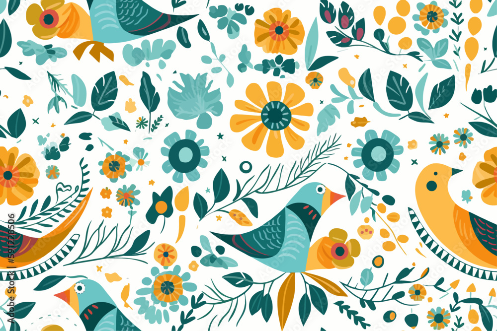 Trendy flower and bird seamless flat pattern, green and yellow flora and bird pattern