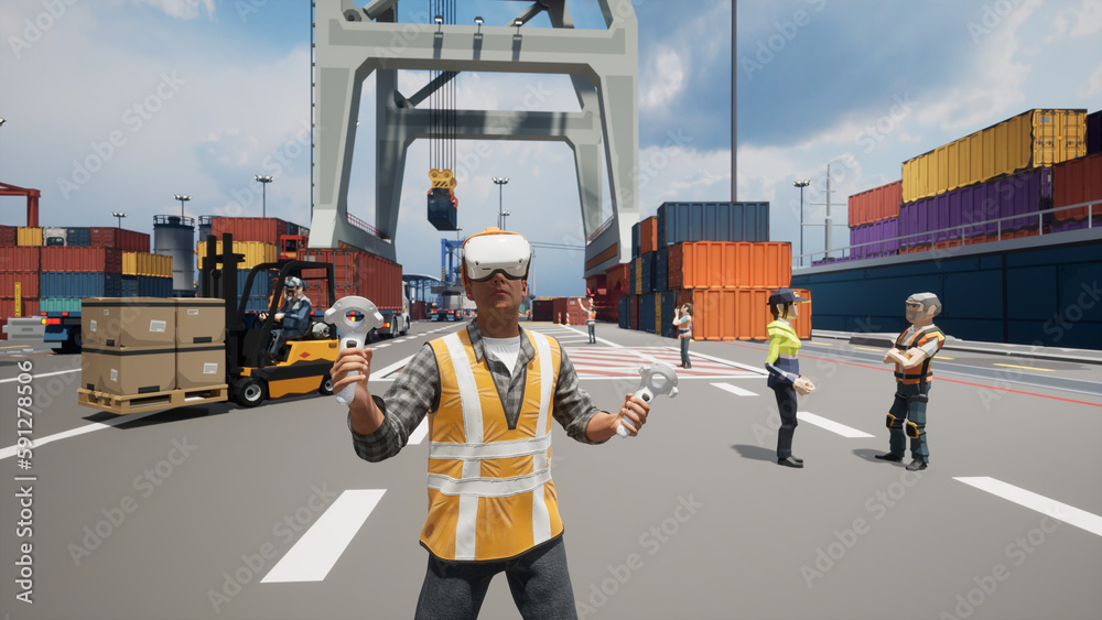 Metaverse avatars of people training on logistics platform in virtual world, 3d render