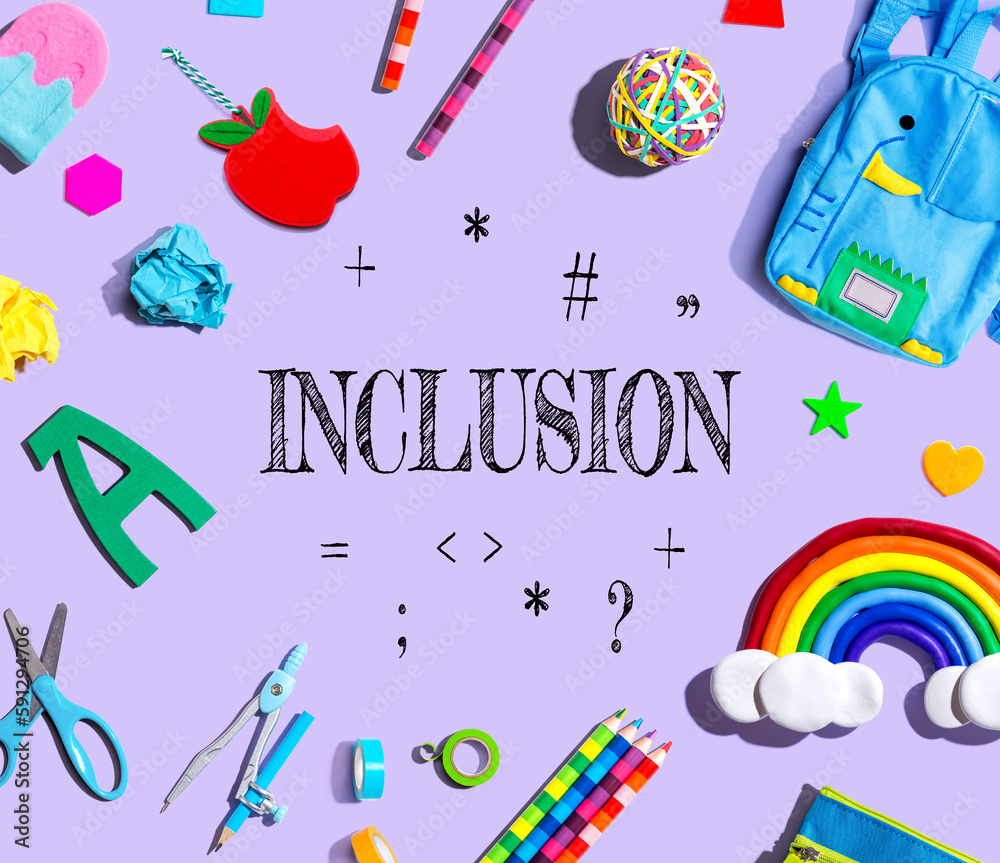 Inclusion Theme with school supplies on a purple background - flat lay