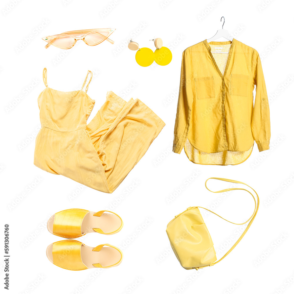 Stylish female summer look in yellow colors on white background