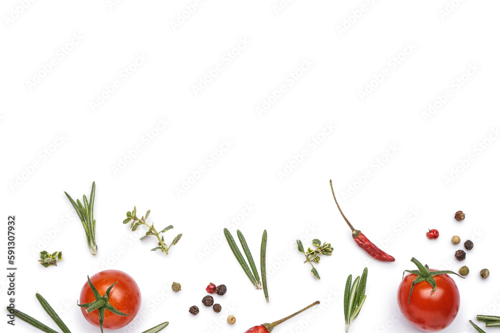 Composition with fresh tomatoes, herbs and spices on white background