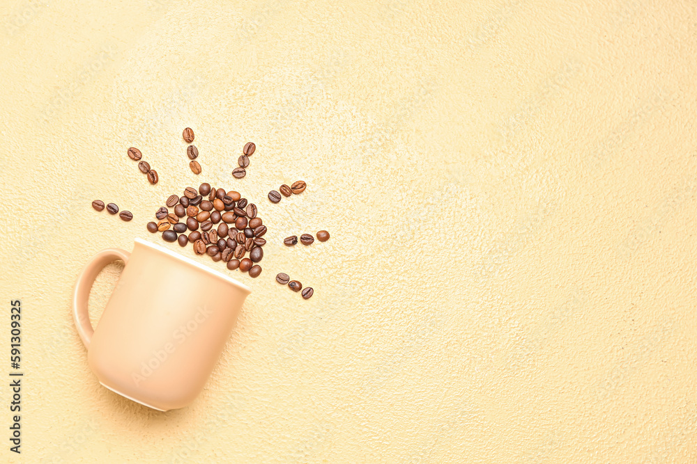 Creative composition with coffee beans and cup on color background