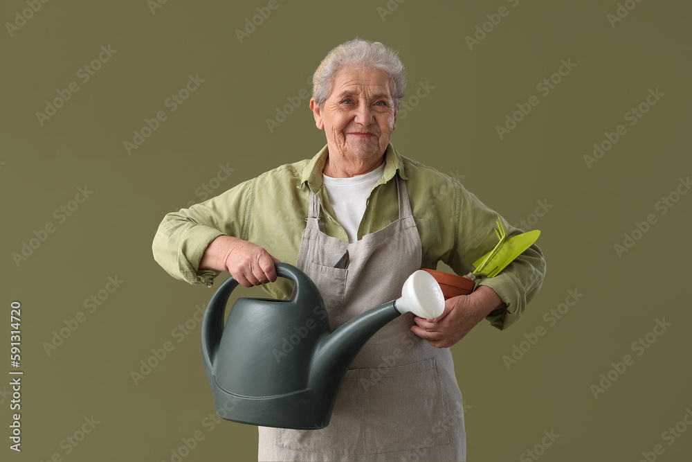 Senior gardener with tools on green background