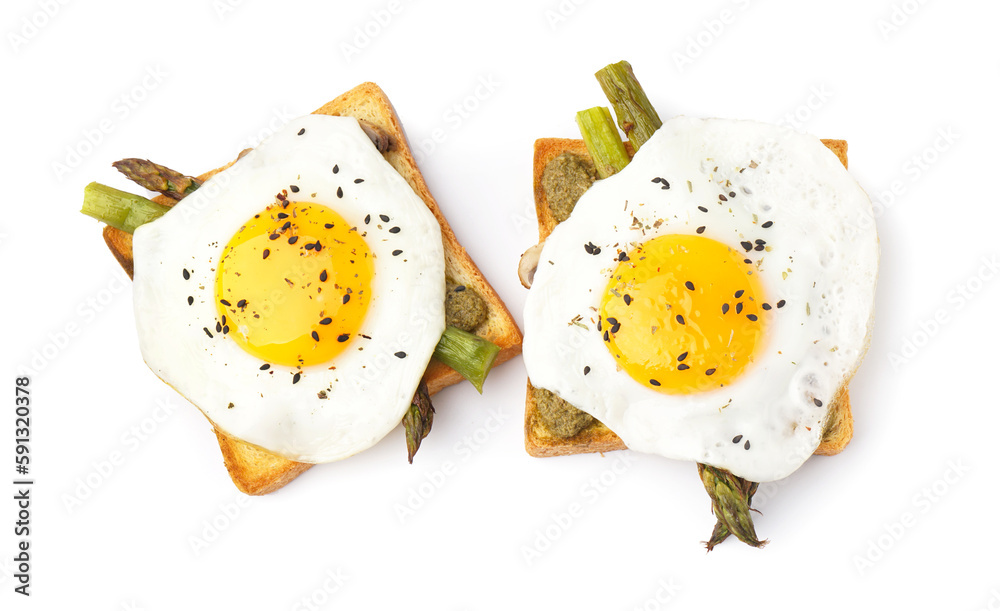 Delicious sandwiches with fried eggs and asparagus on white background