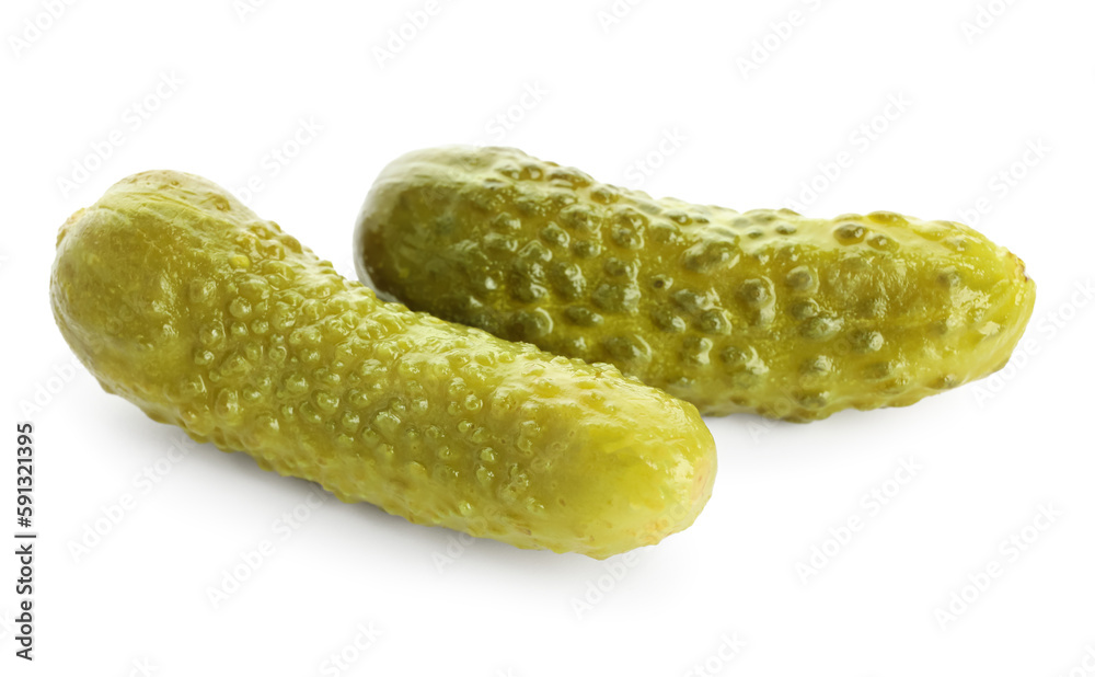 Tasty fermented cucumbers on white background