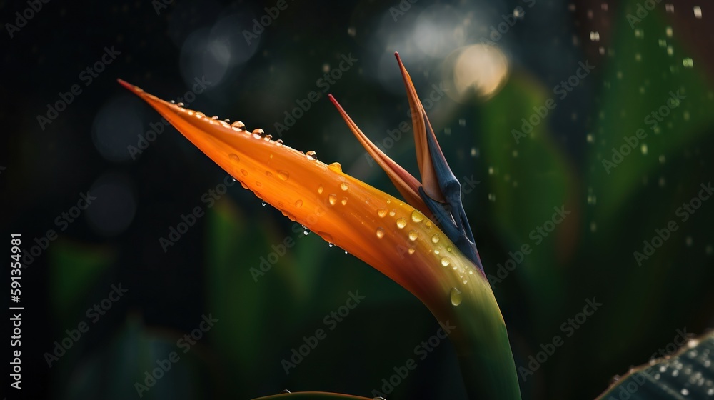 Closeup of Strelitzia reginae tropical plant leaves with rain drops. Green natural backdrop. Generat