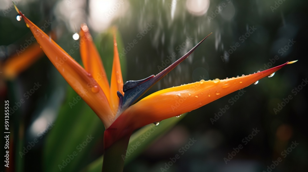 Closeup of Strelitzia reginae tropical plant leaves with rain drops. Green natural backdrop. Generat