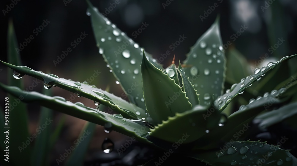 Closeup of aloe tropical plant leaves with rain drops. Green natural backdrop. Generative AI