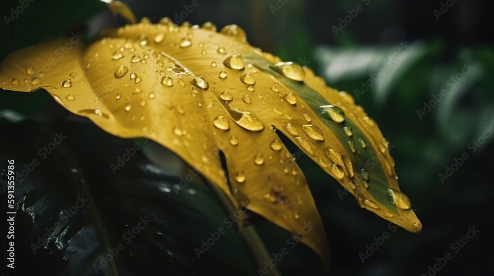 Closeup of Yellow turmeric tropical plant leaves with rain drops. Green natural backdrop. Generative