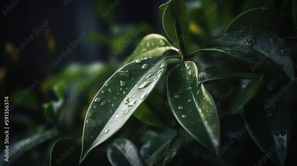 Closeup of ficus tropical plant leaves with rain drops. Green natural backdrop. Generative AI