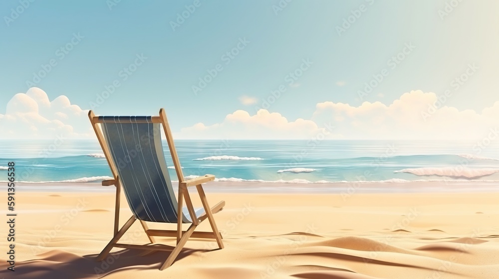 Beach chair on beautiful beach. Sunny day on a ocean shore. Travel paradise concept. Generative AI