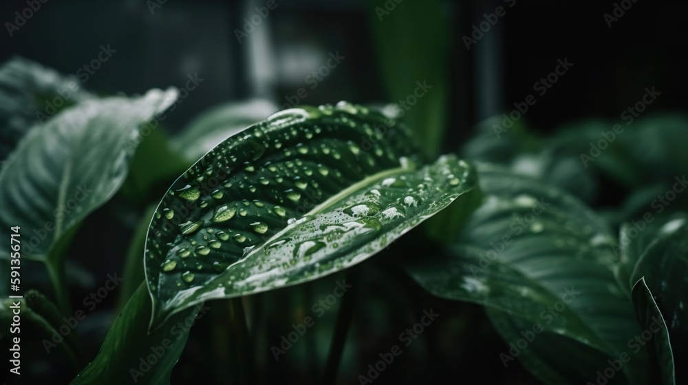 Closeup of Dumb cane tropical plant leaves with rain drops. Green natural backdrop. Generative AI