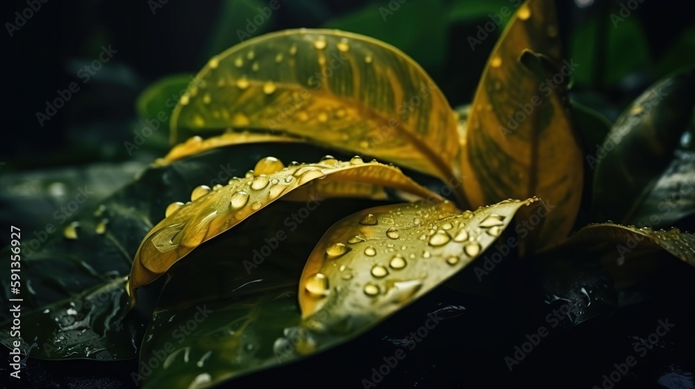 Closeup of Yellow turmeric tropical plant leaves with rain drops. Green natural backdrop. Generative