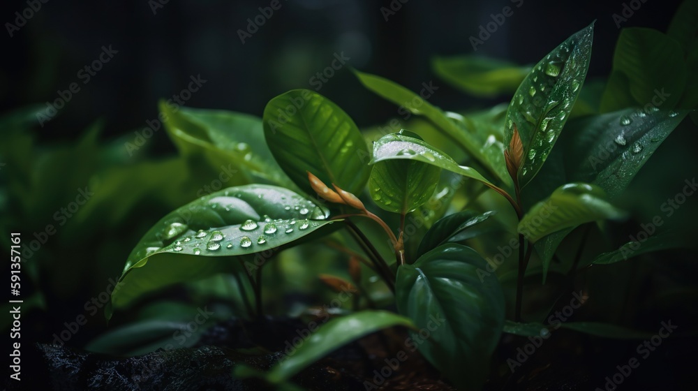 Closeup of Ymyoga ginger tropical plant leaves with rain drops. Green natural backdrop. Generative A