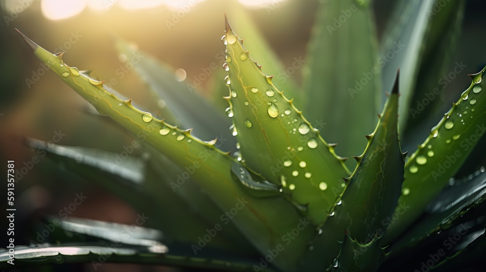 Closeup of aloe tropical plant leaves with rain drops. Green natural backdrop. Generative AI