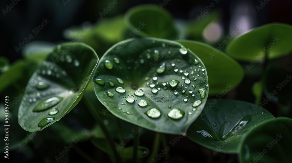 Closeup of Watermelon Peperomia tropical plant leaves with rain drops. Green natural backdrop. Gener