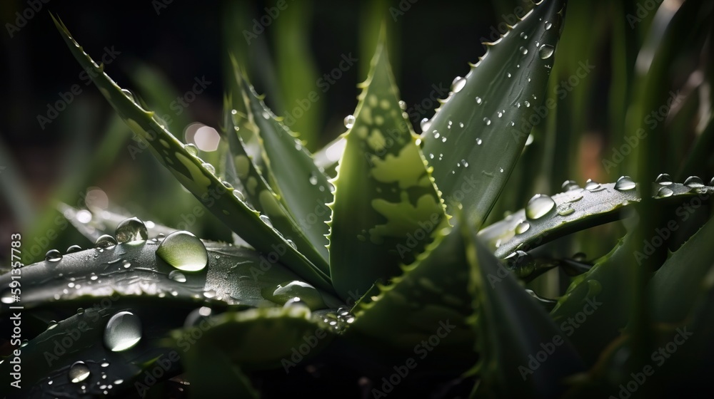 Closeup of aloe tropical plant leaves with rain drops. Green natural backdrop. Generative AI