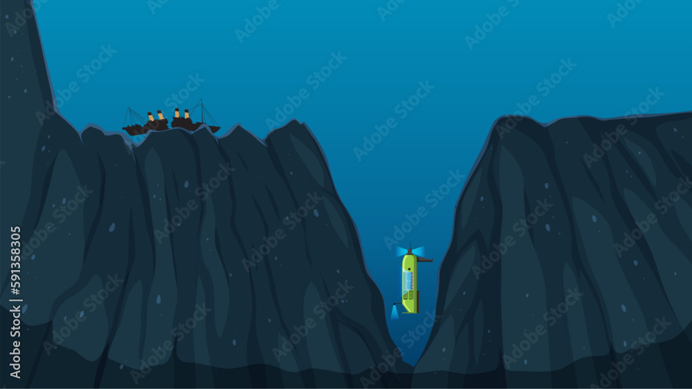 Submarine descending into mariana trench underwater