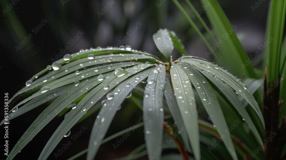 Closeup of Kentia Palm tropical plant leaves with rain drops. Green natural backdrop. Generative AI