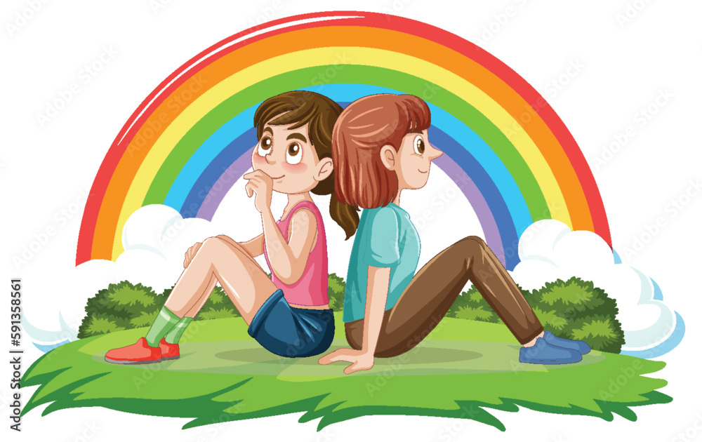 Two Girls Sitting Back to Back with Rainbow