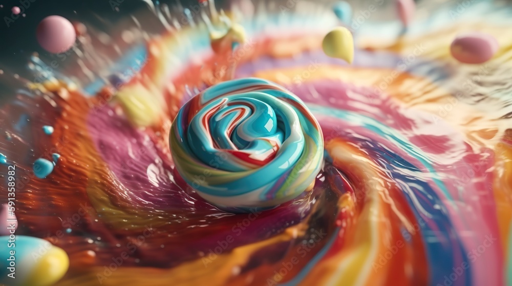 Closeup of colorful candy vortex. Swirl of sweet rainbow sweet lollipop liquid. Generative AI