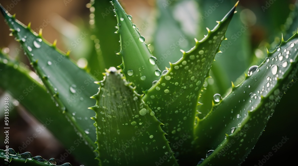 Closeup of aloe tropical plant leaves with rain drops. Green natural backdrop. Generative AI