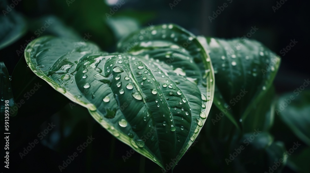 Closeup of Dumb cane tropical plant leaves with rain drops. Green natural backdrop. Generative AI