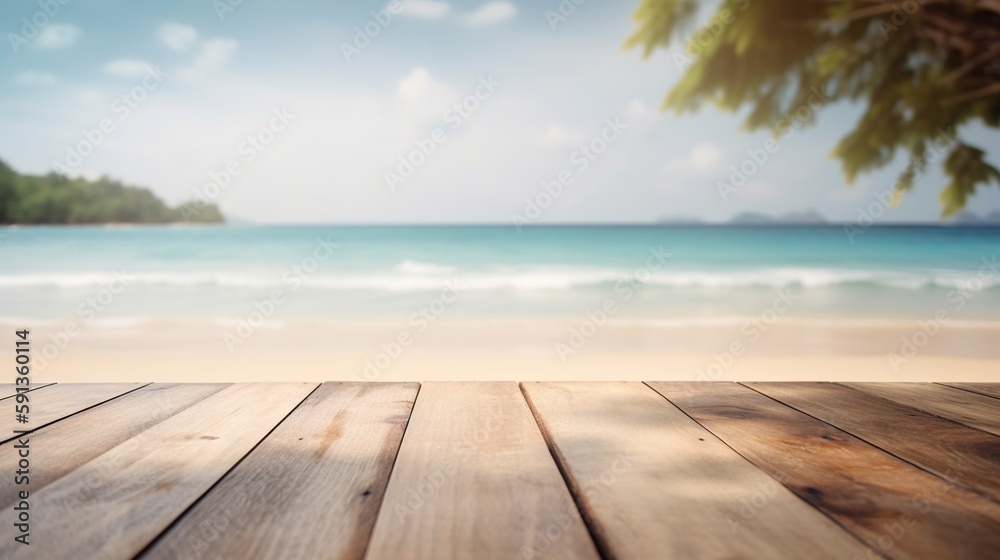 Wood table mockup with tropical paradise beach on background. Empty copy space for product presentat