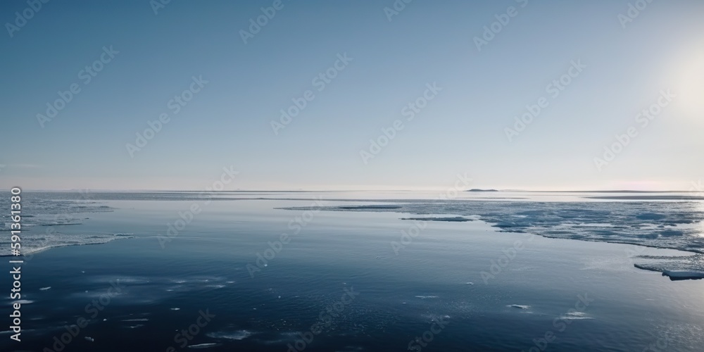 Winter sea landscape with floating ice fragments on still cold water. Generative AI