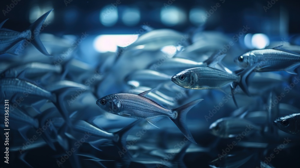 School of small silver fish underwater. Marine life. Generative AI