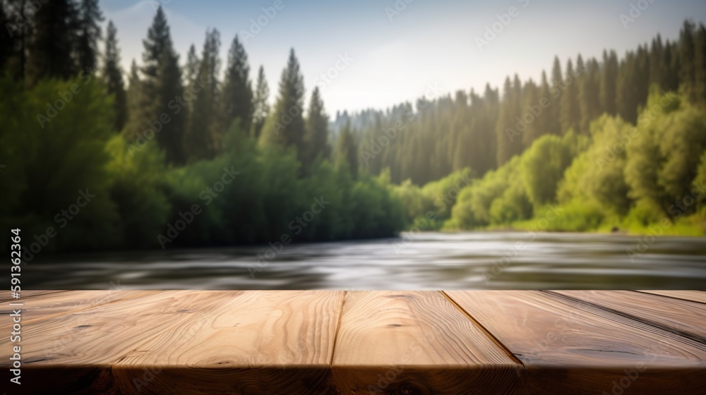 Wood table mockup with river in forest on background. Empty copy space for product presentation. Gen