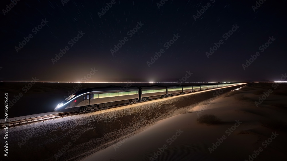 Speed passenger train moving in the night desert. Generative AI