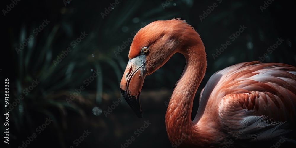 Pink flamingo close up standing with forest background. Generative AI